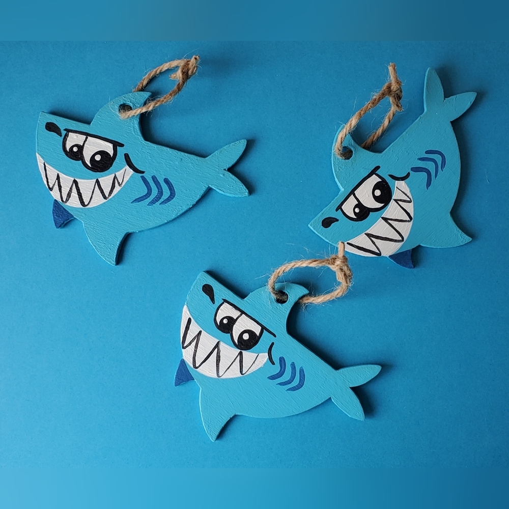 Original Cute Handmade Small Light Blue Shark Nautical 4" Wood Ornament